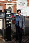 Councillor Charlotte Atkins with one of the new ticket machines in Leek Market Place.